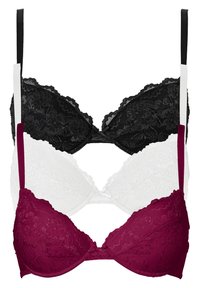 Tre reggiseni esposti: nero, bianco e borgogna. Ognuno presenta dettagli in pizzo, coppe imbottite e spalline regolabili in colori a contrasto.