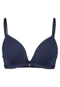 Sujetador acolchado azul marino con tirantes ajustables, textura suave, forma triangular y un pequeño lazo en el cierre frontal.