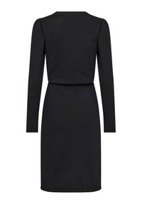 Robe en tricot noir avec des manches longues, un col rond et une taille cintrée. Texture lisse avec des accents côtelés aux manches et à l'ourlet.