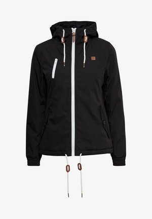 Giacca nera con cappuccio, caratterizzata da una zip frontale bianca, tasche laterali con bottone e cordini regolabili all'orlo e al cappuccio.