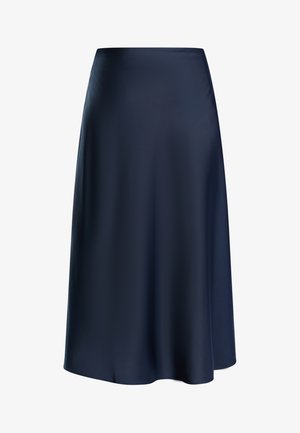 Een donker marineblauwe rok van glad, glanzend materiaal. Het heeft een uitlopende vorm en een elastische tailleband, die net boven de enkel valt.