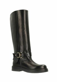 Stivali neri in pelle fino al ginocchio con una finitura liscia, dotati di un accentuato fibbia laterale e una suola in gomma spessa per stabilità.
