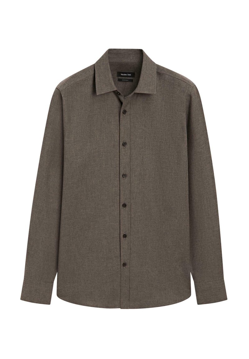 Overhemd met lange mouwen en knopen in donkerbruine stof. Voorzien van een klassieke kraag, zwarte knopen en een gladde, licht gestructureerde afwerking.