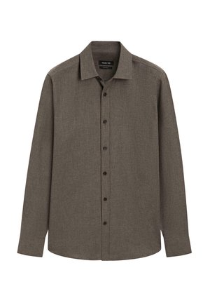 Dunkelbraunes Hemd mit langen Ärmeln und Knopfleiste. Es verfügt über einen klassischen Kragen, schwarze Knöpfe und eine glatte, leicht strukturierte Oberfläche.