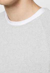 Pull en maille gris clair avec un col rond. Présente un col intérieur blanc et une texture subtile. Manches raglan avec des détails minimalistes.