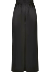 Pantalon noir à jambes larges avec ceinture élastique, confectionné dans un tissu lisse et léger, présenté à plat sans détails ni motifs supplémentaires.
