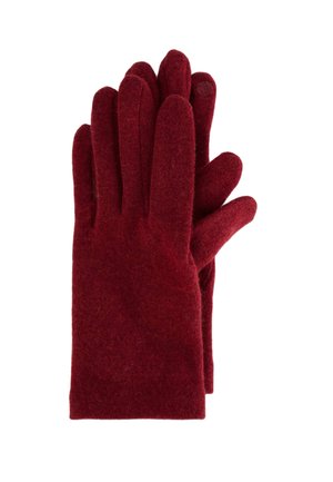 Gants bordeaux en tissu doux et texturé avec cinq doigts et un design simple, dotés d'un poignet sans coutures pour un ajustement confortable.