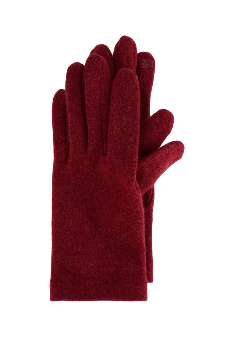 Gants bordeaux en tissu doux et texturé avec cinq doigts et un design simple, dotés d'un poignet sans coutures pour un ajustement confortable.