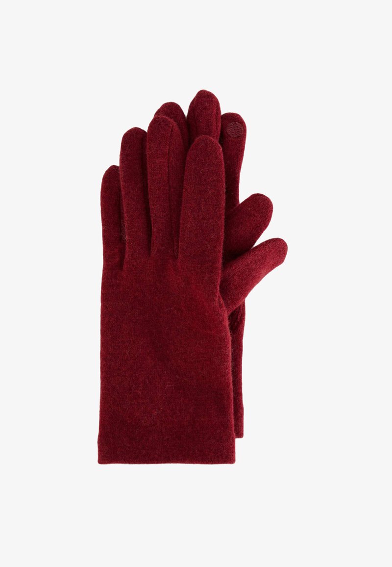 Gants bordeaux en tissu doux et texturé avec cinq doigts et un design simple, dotés d'un poignet sans coutures pour un ajustement confortable.