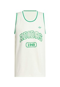 White mesh tank top with green trim. Features the text "ADIDAS" and "1949" in bold green letters. Small logo above left chest.