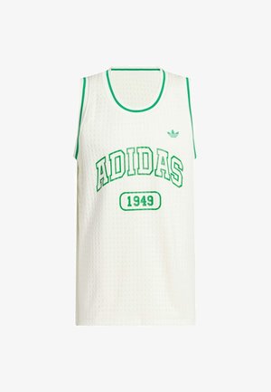 Débardeur en maille blanche avec des bordures vertes. Présente le texte "ADIDAS" et "1949" en lettres vertes en gras. Petit logo au-dessus de la poitrine gauche.