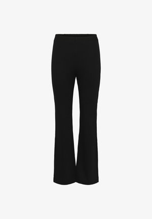 Schwarze Schlaghosen mit einem elastischen Bund, aus einem dehnbarem Stoff gefertigt. Glatte Textur und einheitliche Farbe im gesamten Kleidungsstück.