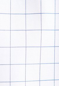 Tessuto bianco con un motivo a griglia di linee blu chiaro, caratterizzato da una trama testurizzata e quadranti uniformemente distanziati.