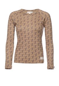 Bluza z długim rękawem w jasnobrązowej tkaninie z powtarzającym się wzorem kokardek w ciemnobrązowym i fioletowym kolorze. Posiada okrągły dekolt oraz małą metkę u dołu.