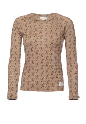 Bluza z długim rękawem w jasnobrązowej tkaninie z powtarzającym się wzorem kokardek w ciemnobrązowym i fioletowym kolorze. Posiada okrągły dekolt oraz małą metkę u dołu.