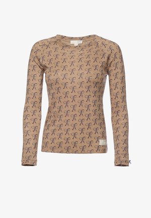 Bluza z długim rękawem w jasnobrązowej tkaninie z powtarzającym się wzorem kokardek w ciemnobrązowym i fioletowym kolorze. Posiada okrągły dekolt oraz małą metkę u dołu.