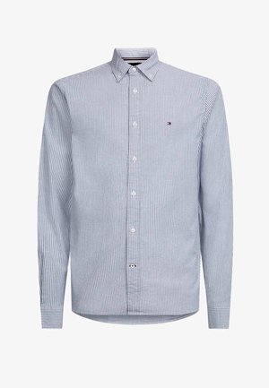 Heren overhemd met lange mouwen en knopen, verticale blauwe en witte strepen en een klein logo op de borst.