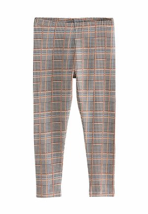 Legginsy w kratkę z pomarańczowym, niebieskim i czarnym wzorem. Elastyczny pas, dopasowany krój, miękka tekstura materiału i pełna długość.