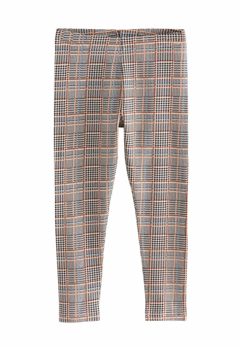 Leggings mit einem Karomuster in Orange, Blau und Schwarz. Elastischer Bund, figurbetonter Schnitt, weicher Stoff und volle Länge.