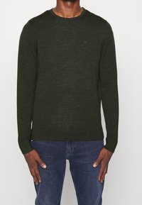 Mörkgrön stickad tröja med långa ärmar och rundad halsringning, med subtil textur och en liten broderad logotyp på bröstet.