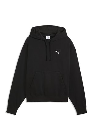 Zwarte hoodie met voorzak en klein wit Puma-logo op de borst.