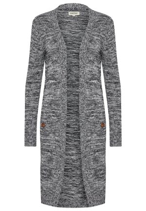 Langer grauer Cardigan aus strukturiertem Strickstoff. Offene Vorderseite ohne Verschluss, mit zwei braunen Knopfakzenten an den Seiten.
