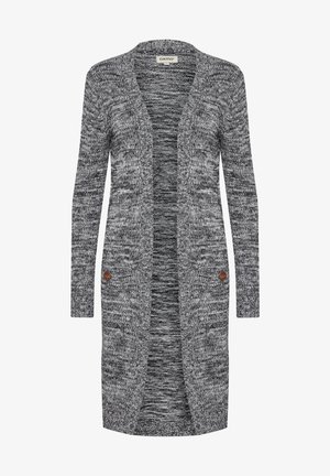 Long gray cardigan made from textured knit fabric. Open front with no closure, featuring two brown button accents on the sides.