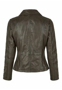 Braune Lederjacke mit strukturiertem Kragen, versehen mit Nähdetails und taillierter Silhouette. Texturierte Oberfläche, lange Ärmel, Rückansicht.