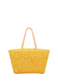 Borsa tote gialla intrecciata con forma strutturata, caratterizzata da una superficie texturizzata e due manici intrecciati di colore chiaro.