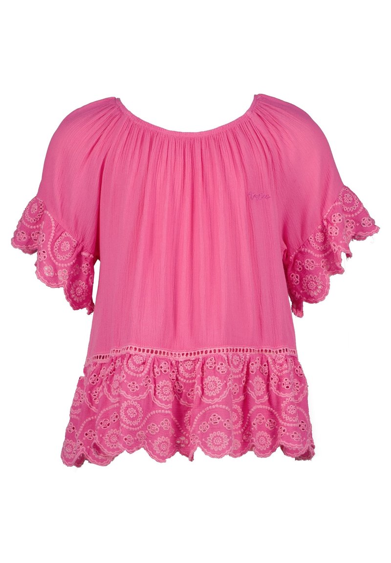 Blusa rosa brillante con vestibilità ampia, scollatura rotonda e bordi in pizzo decorati con ricami floreali sulle maniche e l'orlo.