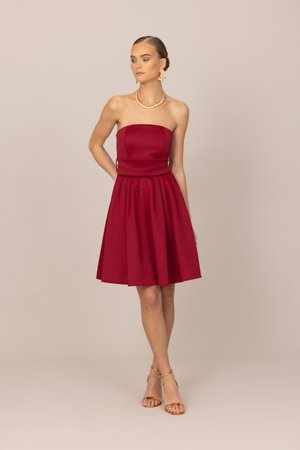 Moteris dėvi raudoną, be petnešėlių, iki kelių ilgumo suknelę su klostuotu sijonu, auksinius sandalus, vėrinį ir gėlių formos auskarus, stovi priešais smėlio spalvos foną.