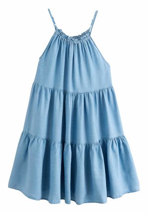 Hellblaues ärmelloses Stufenkleid mit dünnen verstellbaren Schulterriemen und gerafftem Rüschenhalsausschnitt.