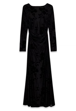 Melnas garās piedurknes kleita, kas izgatavota no mīksta auduma, ar ziedu rakstu nedaudz tumšākā tonī, ar ieplānotu jostu un brīvu piegriezumu.