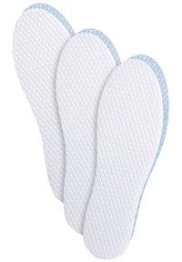 Three white insoles with a textured surface and light blue edging, shaped to fit the contours of feet, stacked in a slightly overlapping arrangement.