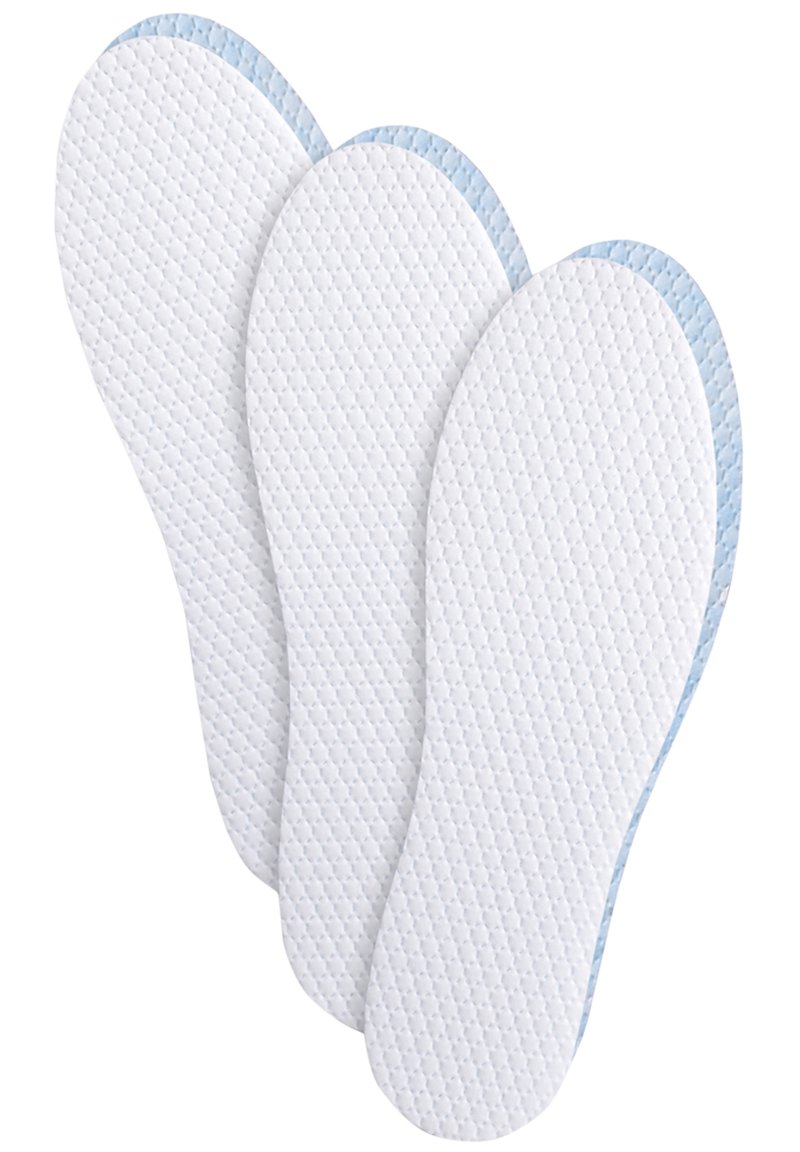 Three white insoles with a textured surface and light blue edging, shaped to fit the contours of feet, stacked in a slightly overlapping arrangement.