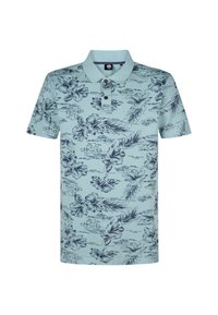 Světle modré polo triko s námořnickými květinovými a listovými vzory, spekou na tři knoflíky a jemnou texturou. Krátké rukávy a klasický design límce.