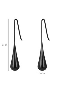 Boucles d'oreilles noires en forme de goutte d'eau, mesurant 3,6 cm de long et 0,65 cm de large, avec une texture lisse et brillante.