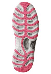 Rubberen schoenzool met een golvend ontwerp, voorzien van wit materiaal met roze accenten. Inclusief getextureerde groeven voor grip en een grijs gaasgebied.