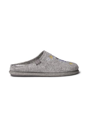 Chausson gris à enfiler avec des flocons de neige jaunes et blancs brodés et une semelle douce et rembourrée.