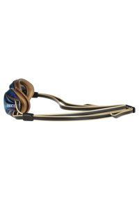 Swimming goggles with a blue and gold color scheme, featuring curved lenses, black silicone strap, and flexible frame for comfort.