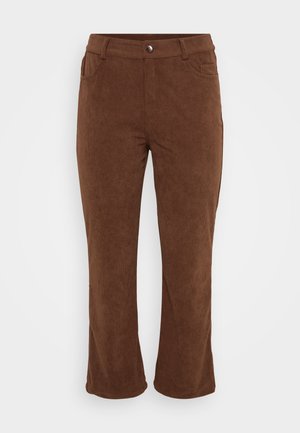 Brune cordfløyelsbukser med rett ben-design, med frontknapp, to sidelommer og ribbestruktur.