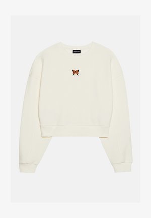 Cream-colored cropped sweatshirt with an embroidered orange butterfly at the center. Features wide sleeves and ribbed cuffs.