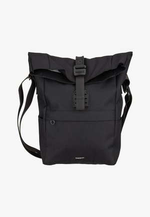 Black roll-top backpack with front buckle closure, adjustable shoulder straps, and small front pocket, branded "Sandqvist" at bottom center.