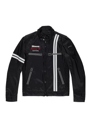 Giacca da corsa nera realizzata in materiale leggero, con strisce bianche, tasche con zip e dettagli del logo ricamati.