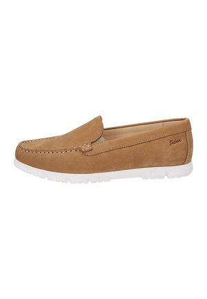 Tan suede loafers with a white rubber sole. Features a stitched seam and a discrete logo on the side. Slip-on design with a smooth texture.