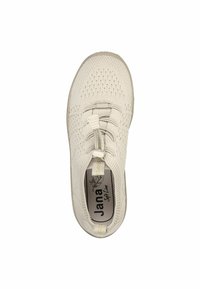 Sneaker beige chiaro con tomaia in maglia testurizzata, lacci elastici e punta arrotondata. Presenta una morbida fodera e una suola flessibile con accenti sottili.