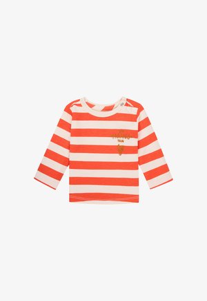 Langärmliges Shirt mit roten und weißen Streifen, Rundhalsausschnitt und seitlicher Knopfverschluss, mit gesticktem Text und dekorativem Design.