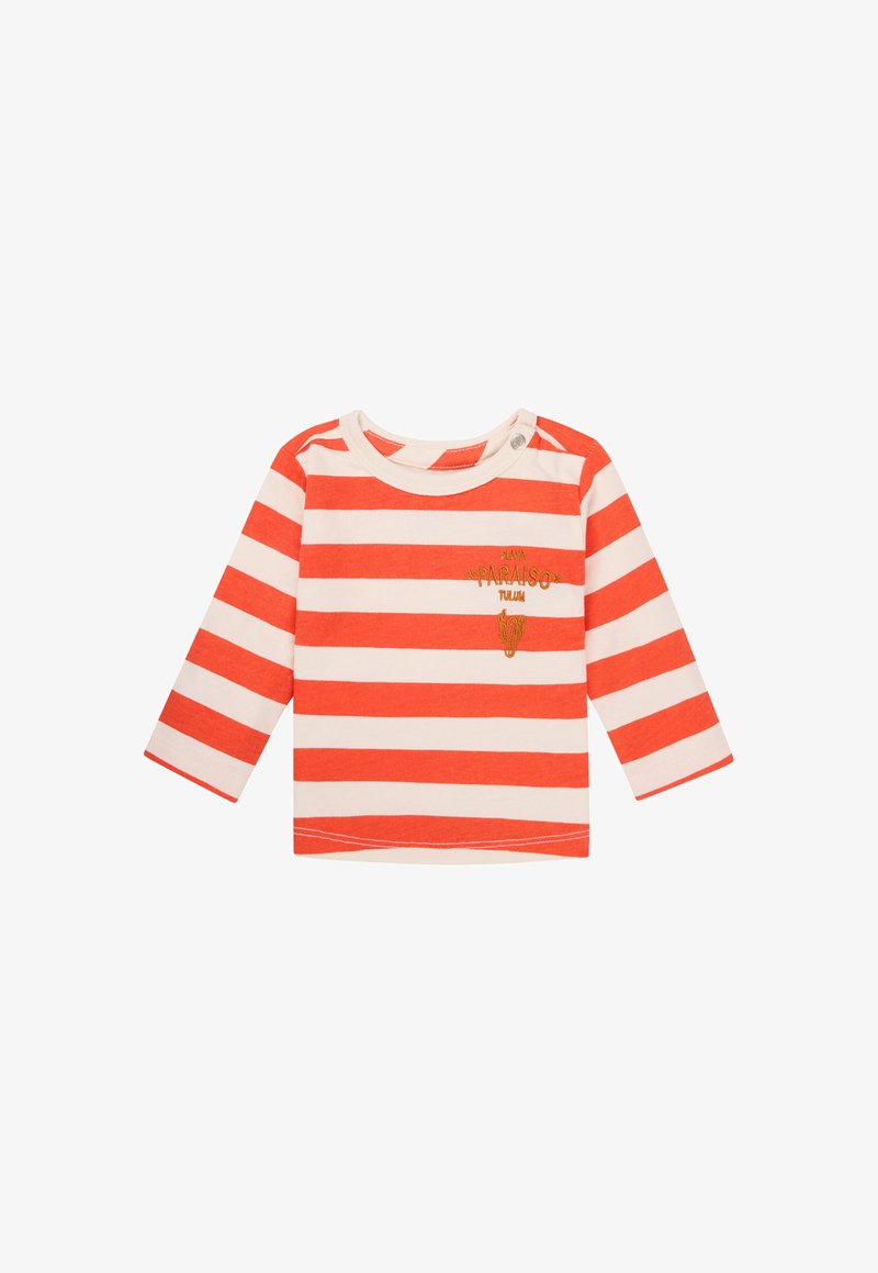 Maglietta a maniche lunghe a righe rosse e bianche con scollatura arrotondata e chiusura laterale a bottoni, caratterizzata da testo ricamato e un design decorativo.