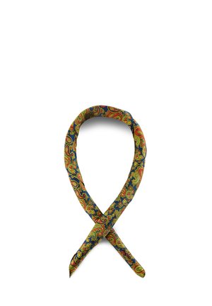 Silkeskørt med flerfarvet paisleymønster, foldet i en løs sløjfe på en hvid baggrund.