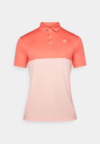 Polo krekls gradienta koralju toņos, ar apkakli, trim pogām un mazu logotipu kreisajā pusē. Gluda auduma struktūra.